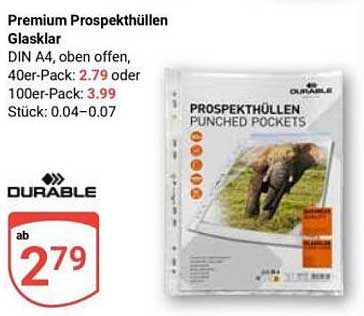 Premium Prospekthüllen Glasklar DIN A4, oben offen, 40er-Pack: 2.79 oder 100er-Pack: 3.99 Stück: 0.04–0.07