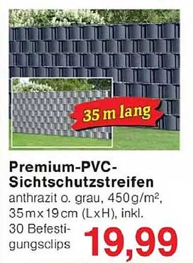 Premium-PVC-Sichtschutzstreifen anthrazit oder grau, 450 g/m², 35 m x 19 cm (LxH), inkl. 30 Befestigungsclips