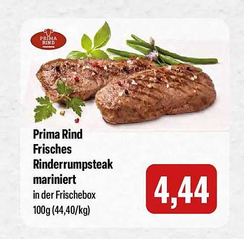 Prima Rind Frisches Rinderrumpsteak mariniert in der Frischebox 100g (44,40/kg)