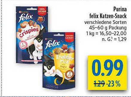 Purina felix Katzen-Snack verschiedene Sorten 45-60 g Packung 1 kg = 16,50–22,00 n. G. = 1,29