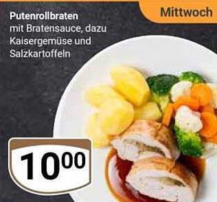 Putenrollbraten mit Bratensauce, dazu Kaisergemüse und Salzkartoffeln