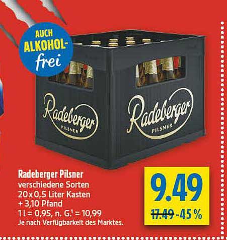 Radeberger Pilsner verschiedene Sorten 20×0,5 Liter Kasten + 3,10 Pfand 1 l = 0,95 je nach Verfügbarkeit des Marktes.
