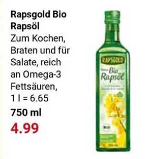 Rapsgold Bio Rapsöl Zum Kochen, Braten und für Salate, reich an Omega-3 Fettsäuren, 1 l = 6.65 750 ml