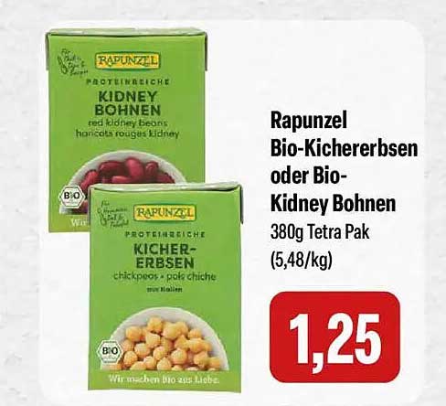 Rapunzel Bio-Kichererbsen oder Bio-Kidney Bohnen 380g Tetra Pak (5,48/kg)