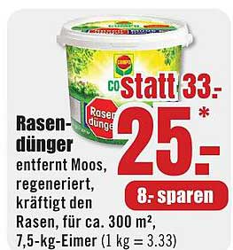 Rasendünger entfernt Moos, regeneriert, kräftigt den Rasen, für ca. 300 m², 7,5-kg-Eimer (1 kg = 3.33)