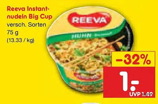 Reeva Instant-nudeln Big Cup versch. Sorten 75 g