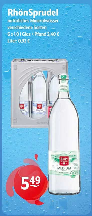 RhönSprudel natürliches Mineralwasser verschiedene Sorten 6 x 1,0 l Glas + Pfand 2,40 € Liter: 0,92 €