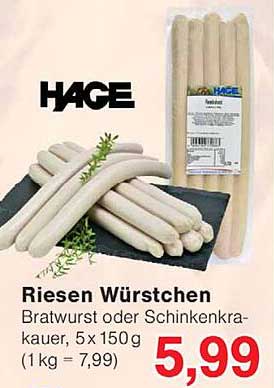 Riesen Würstchen Bratwurst oder Schinkenkrakauer, 5 x 150 g (1 kg = 7,99)