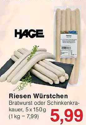 Riesen Würstchen Bratwurst oder Schinkenkräuer, 5 x 150g (1 kg = 7,99)