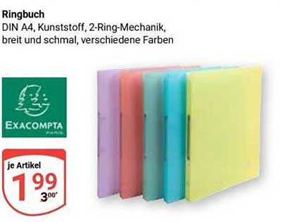 Ringbuch DIN A4, Kunststoff, 2-Ring-Mechanik, breit und schmal, verschiedene Farben