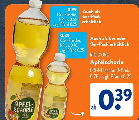 RIO D'ORO Apfelschorle 0,5-l-Flasche; l-Preis 0.78; zzgl. Pfand 0.25