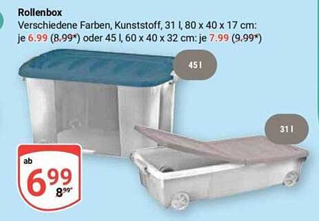 Rollenbox Verschiedene Farben, Kunststoff, 31 l, 80 x 40 x 17 cm: je 6,99 (8,99*) oder 45 l, 60 x 40 x 32 cm: je 7,99 (9,99*)