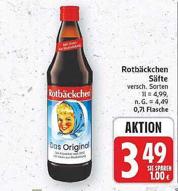Rotbäckchen Säfte versch. Sorten 1 l = 4,99, n. G. = 4,49, 0,7l Flasche AKTION