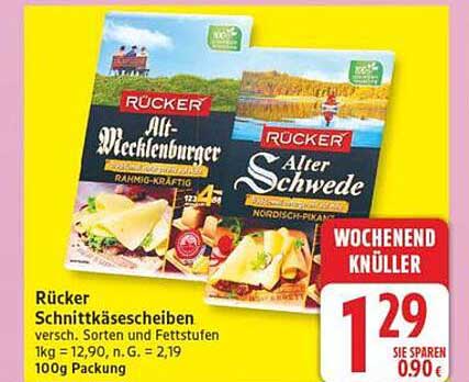 Rücker Schnittkäsecheiben versch. Sorten und Fettstufen 1kg = 12,90, n.G. = 2,19 100g Packung