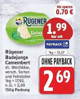 Rügener Badejunge Camembert dt. Weichkäse, versch. Sorten und Fettstufen 150g Packung