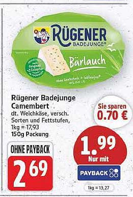 Rügener Badejunge Camembert dt. Weichkäse, versch. Sorten und Fettstufen, 1kg = 17,93 150g Packung