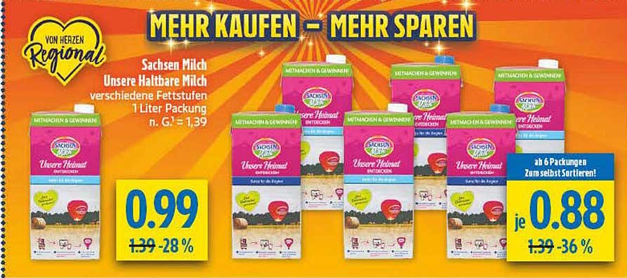 Sachsen Milch Unsere Haltbare Milch verschiedene Fettstufen 1 Liter Packung