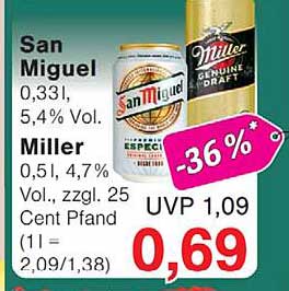 San Miguel 0,33l, 5,4% Vol. Miller 0,5l, 4,7% Vol., zzgl. 25 Cent Pfand (1l = 2,09/1,38)