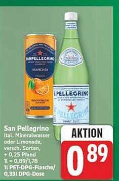 San Pellegrino italien. Mineralwasser oder Limonade, versch. Sorten, 1l - 1,11/1,7l 1l=0,89/1,1l 1 PET-DPG-Flasche/0,33l DPG-Dose