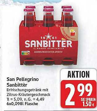 San Pellegrino Sanbitter Erfrischungsgetränk mit Zitrus-Kräutergeschmack 1 l = 5,09, N. E. = 4,49 6x0,098l Flasche