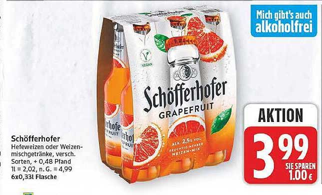 Schöfferhofer Hefeweizen oder Weizenmischgetränke, versch. Sorten, +0,48 Pfand, 1 l = 2,02, n. G. = 4,99 6x0,33l Flasche