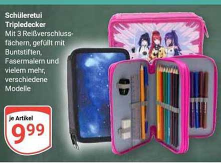 Schüleretui Tripledecker Mit 3 Reißverschluss-fächern, gefüllt mit Buntstiften, Fasermalern und vielem mehr, verschiedene Modelle
