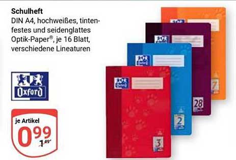 Schulheft DIN A4, hochweißes, tintenfestes und seiden-gesleintes Optik-Papier®, je 16 Blatt, verschiedene Lineaturen