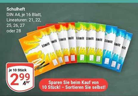 Schulheft DIN A4, je 16 Blatt, Lineaturen: 21, 22, 25, 26, 27 oder 28