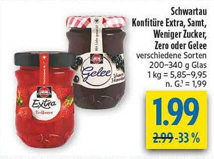 Schwartau Konfitüre Extra, Samt, Weniger Zucker, Zero oder Gelee verschiedene Sorten 200–340 g Glas 1 kg = 5,85–9,95 n. G.1 = 1,99