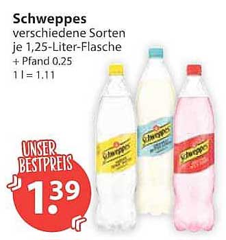 Schweppes verschiedene Sorten je 1,25-Liter-Flasche + Pfand 0,25 1 l = 1.11