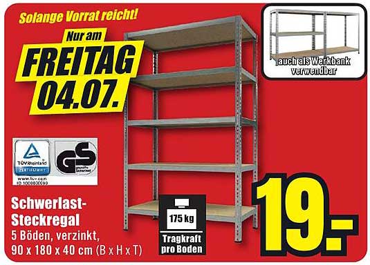 Schwerlast-Steckregal 5 Böden, verzinkt, 90 x 180 x 40 cm (B x H x T)