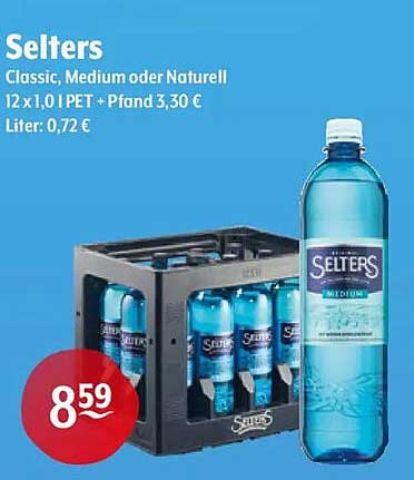 Selters Classic, Medium oder Naturell 12 x 1,0 l PET + Pfand 3,30 € Liter: 0,72 €