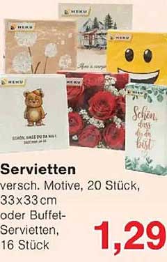 Servietten versch. Motive, 20 Stück, 33x33 cm oder Buffet-Servietten, 16 Stück