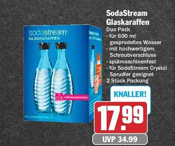 SodaStream Glaskaraffen Duo Pack für 600 ml gesprudeltes Wasser - mit hochwertigem Schraubverschluss - spülmaschinenfest - für SodaStream Crystal Sprudler geeignet 2 Stück Packung