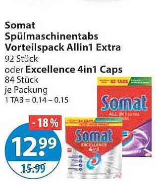 Somat Spülmaschinen-tabs Vorteilspack AllIn1 Extra 92 Stück oder Excellence 4in1 Caps 84 Stück je Packung