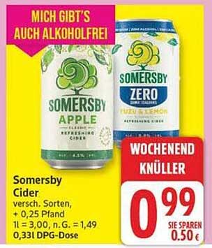 Somersby Cider versch. Sorten, + 0,25 Pfand 1 l = 3,00, n. G. = 1,49 0,33l DPG-Dose
