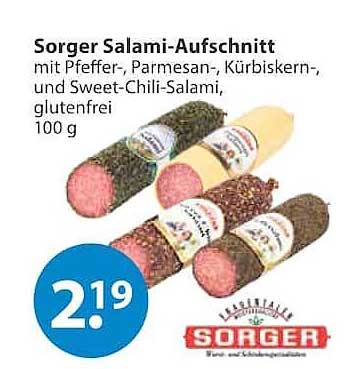 Sorger Salami-Aufschnitt mit Pfeffer-, Parmesan-, Kürbiskern-, und Sweet-Chili-Salami, glutenfrei, 100 g