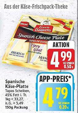Spanische Käse-Platte Tapas Scheiben, 45% Fett i. Tr. 1 kg = 33,27, N.G. = 5,49, 150 g, Packung