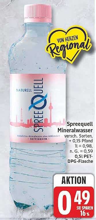 Spreequell Mineralwasser versch. Sorten, + 0,15 Pfand 1 l = 0,98, n. G. = 0,59 0,5 l PET-DPG-Flasche