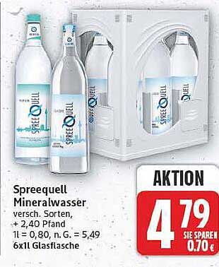 Spreequell Mineralwasser versch. Sorten, + 2,40 Pfand 1 l = 0,80, n. G. = 5,49 6x1l Glasflasche