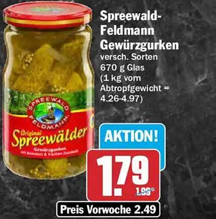 Spreewald-Feldmann Gewürzgurken versch. Sorten 670 g Glas (1 kg vom Abtropfgewicht = 4.26-4.97)