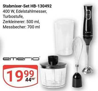 Stabmixer-Set HB-130492 400 W, Edelstahlmesser, Turbotaste Zerkleinerer: 500 ml, Messbecher: 700 ml