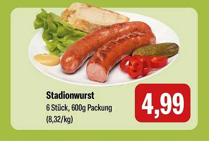 Stadionwurst 6 Stück, 600g Packung (8,32/kg)