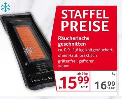 STAFFEL PREISE Räucherlachs geschnitten ca. 0,9 – 1,6 kg, kaltgeräuchert, ohne Haut, praktisch grätenfrei, gefroren