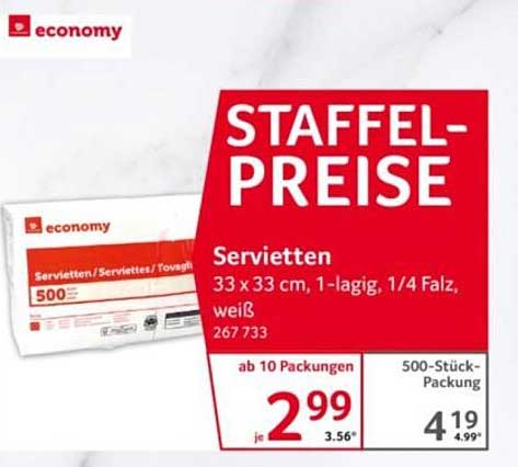 STAFFEL-PREISE Servietten 33 x 33 cm, 1-lagig, 1/4 Falz, weiß 267 733