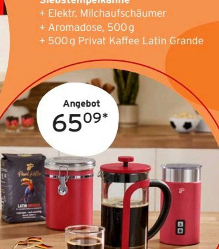 Stempelkanne + elektr. Milchaufschäumer + Aromadose, 500g + 500g Privat Kaffee Latin Grande
