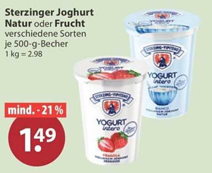 Sterzinger Joghurt Natur oder Frucht verschiedene Sorten je 500-g-Becher