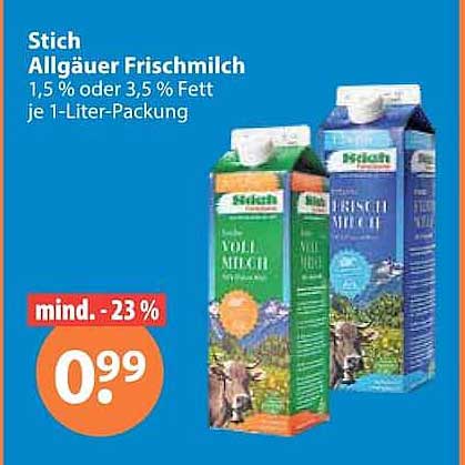 Stich Allgäuer Frischmilch 1,5 % oder 3,5 % Fett je 1-Liter-Packung