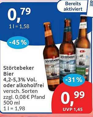 Störtebeker Bier 4,2-5,3% Vol. oder alkoholfrei versch. Sorten zzgl. 0,08€ Pfand 500 ml