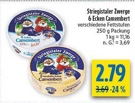 Striegistaler Zwerge 6 Ecken Camembert verschiedene Fettstufen 250 g Packung